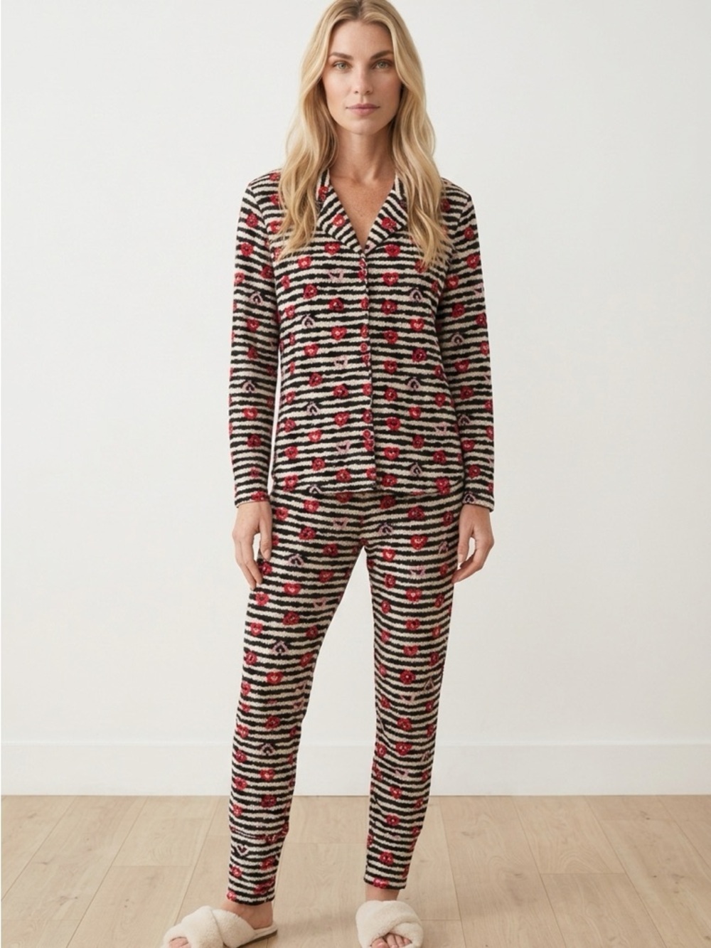 Heart Print Pajama Set Medium Red Black Stripe Long Sleeve Top Pants Sleepwear
